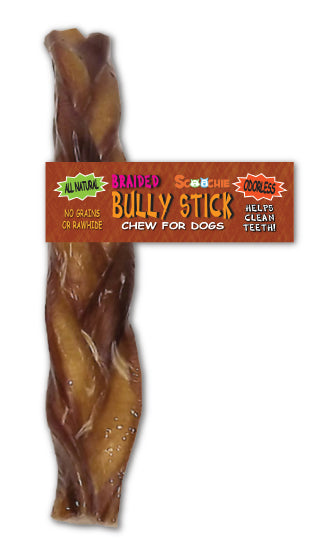 6 Inch Braided Bully Stick With Scoochie Cigar Band/UPC (Pack of 6)