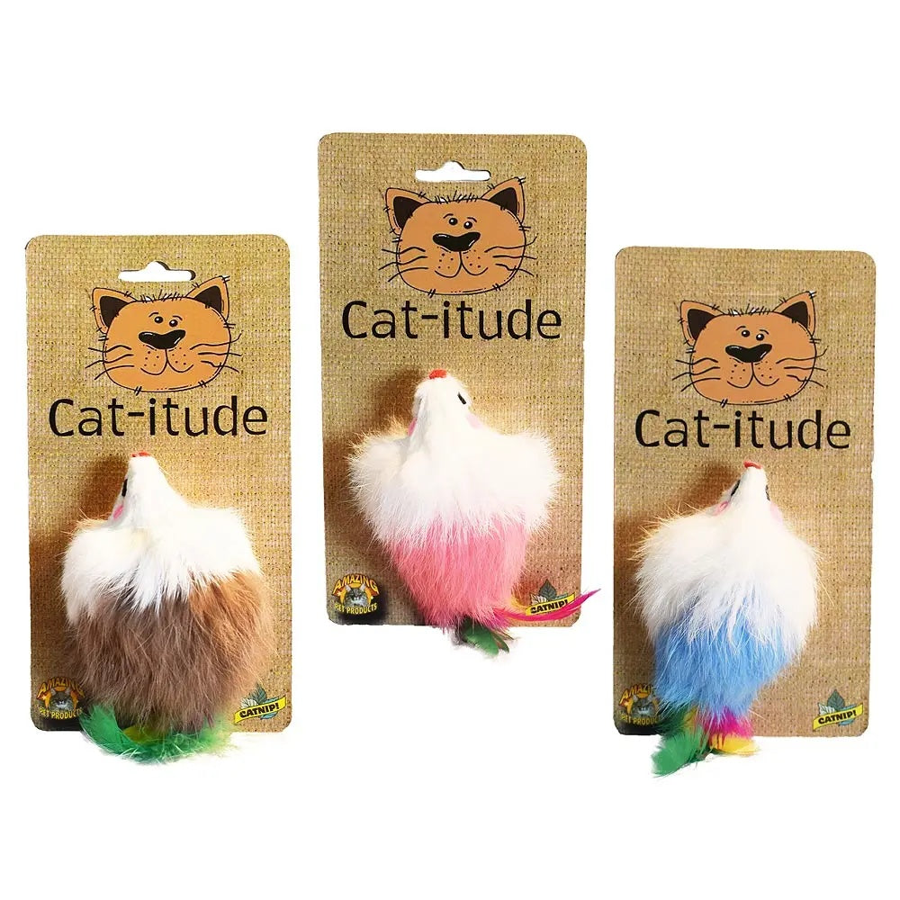 Amazing Pet Large Colorful Real Fur Mouse W/Feather Tail And Catnip
