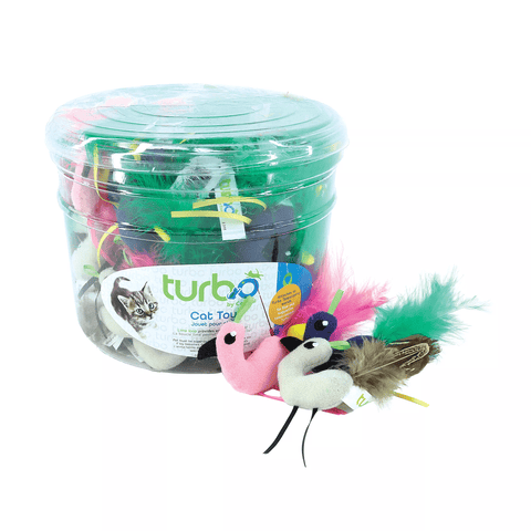 Coastal Turbo Cat Toy Bin w/Loop Birds w/ Feather Tails 72pcs