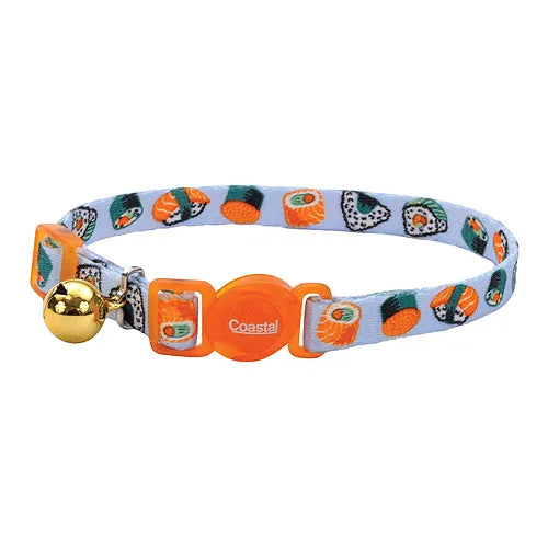 Coastal Safe Cat Fashion Breakaway Cat Collar Sushi on Blue