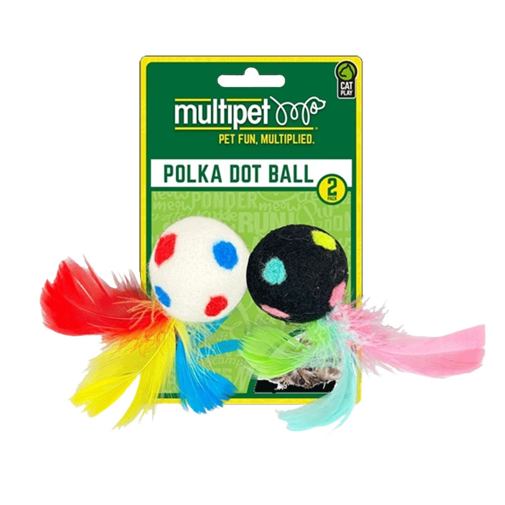 Multipet Polka Dot Ball W/Feather Cat Toys 2Pk