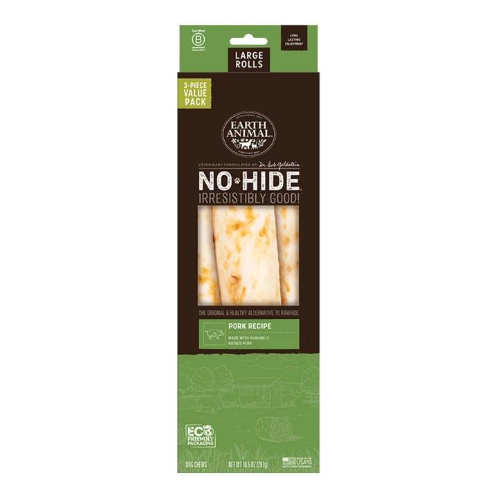 EARTH ANIMAL DOG NO-HIDE PORK ROLLS LARGE VALUE 3 PACK (Pack of 2)