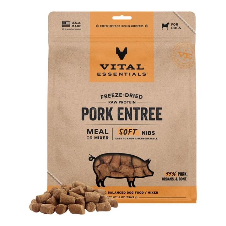 Vital Essentials Dog Freeze-Dried Raw Grain Free Pork Entree & Mixer Soft Nibs 14oz.