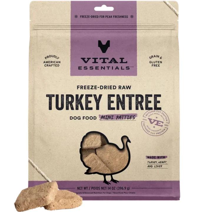 Vital Essentials Dog Freeze-Dried Raw Grain Free Turkey Entree Mini Patties 14oz.