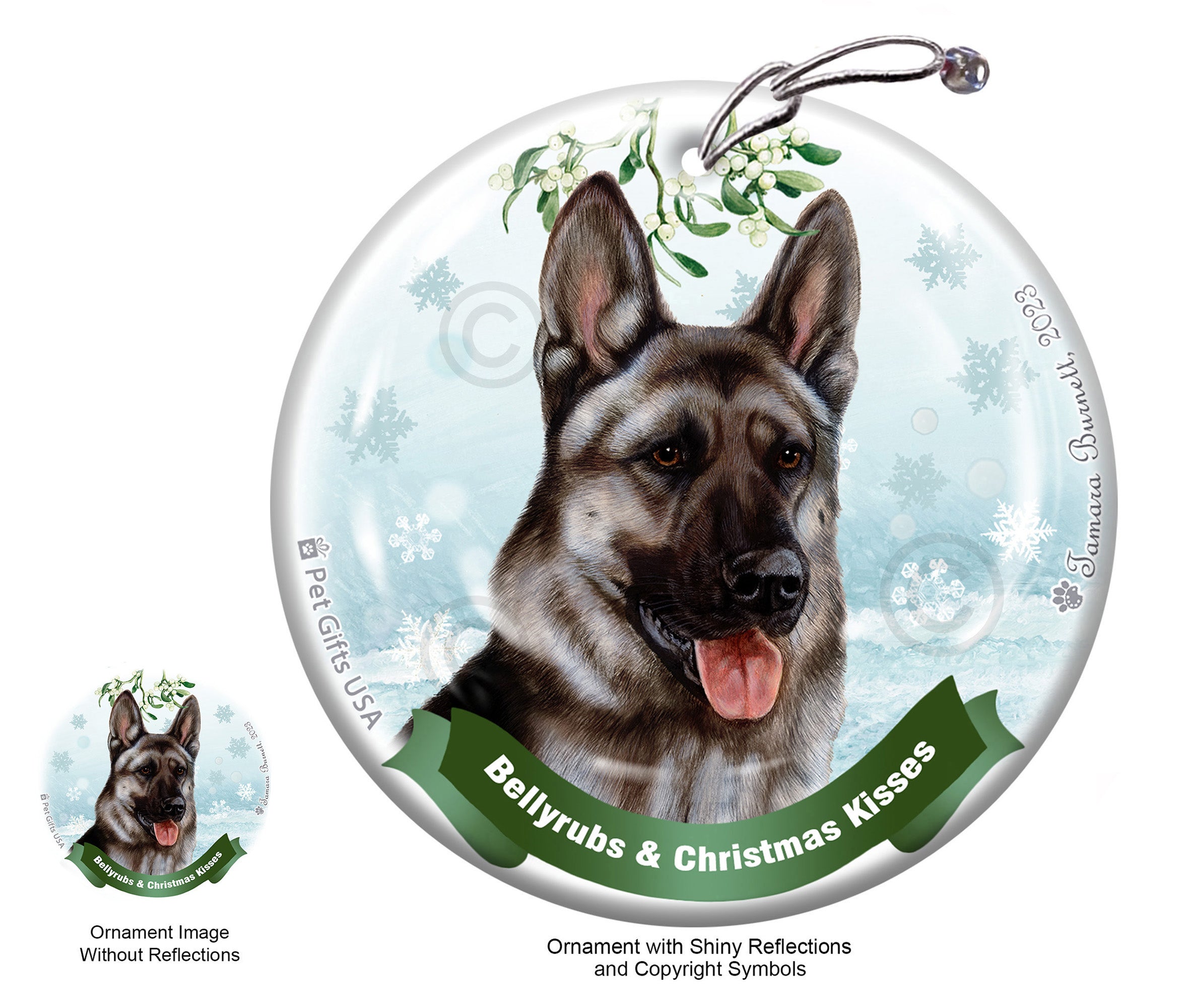 German Shepherd Silver Sable Bellyrubs and Christmas Kisses Ornament
