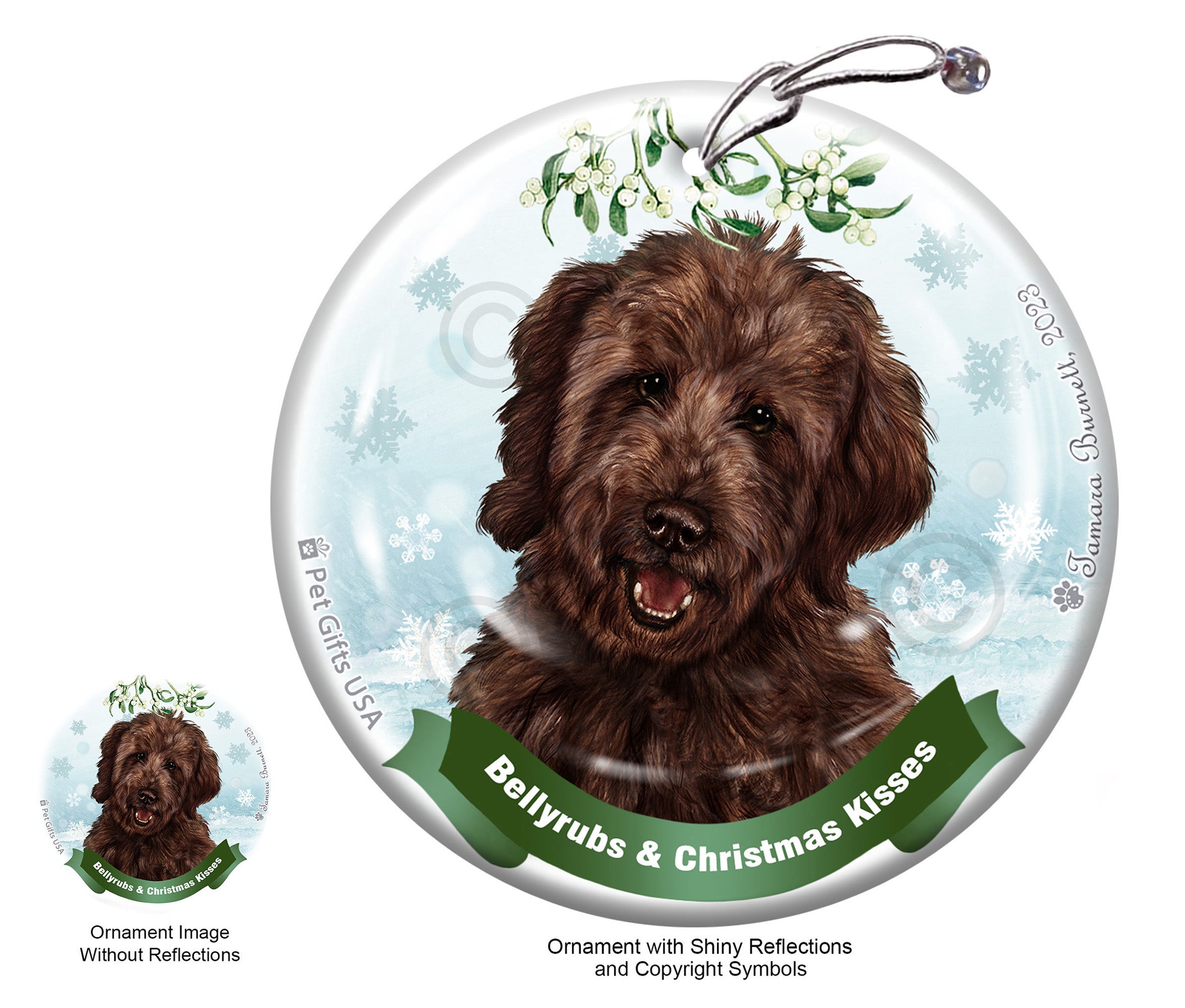 Goldendoodle Chocolate Bellyrubs and Christmas Kisses Ornament