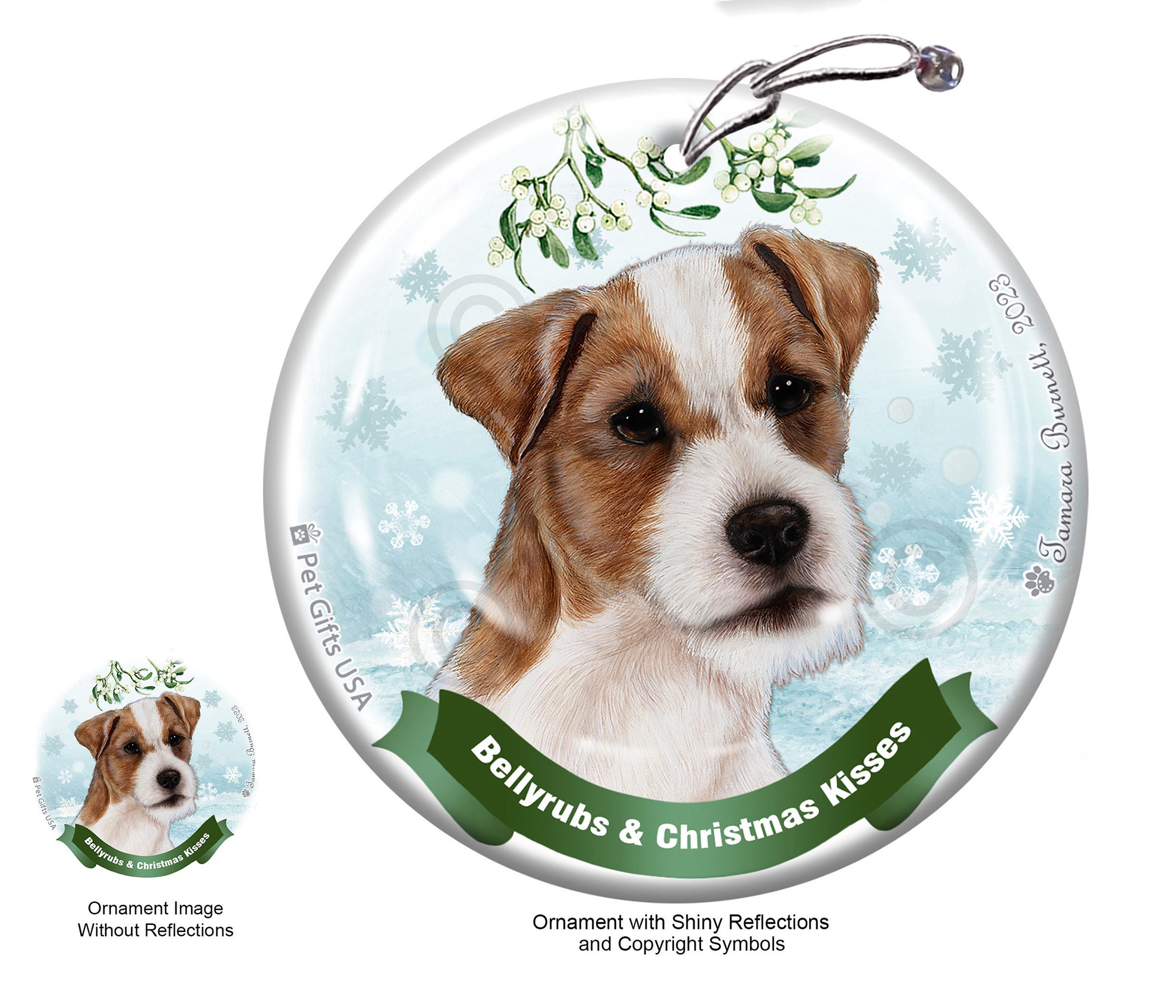 Jack Russell Wire Hair Brown and White Bellyrubs and Christmas Kisses Ornament