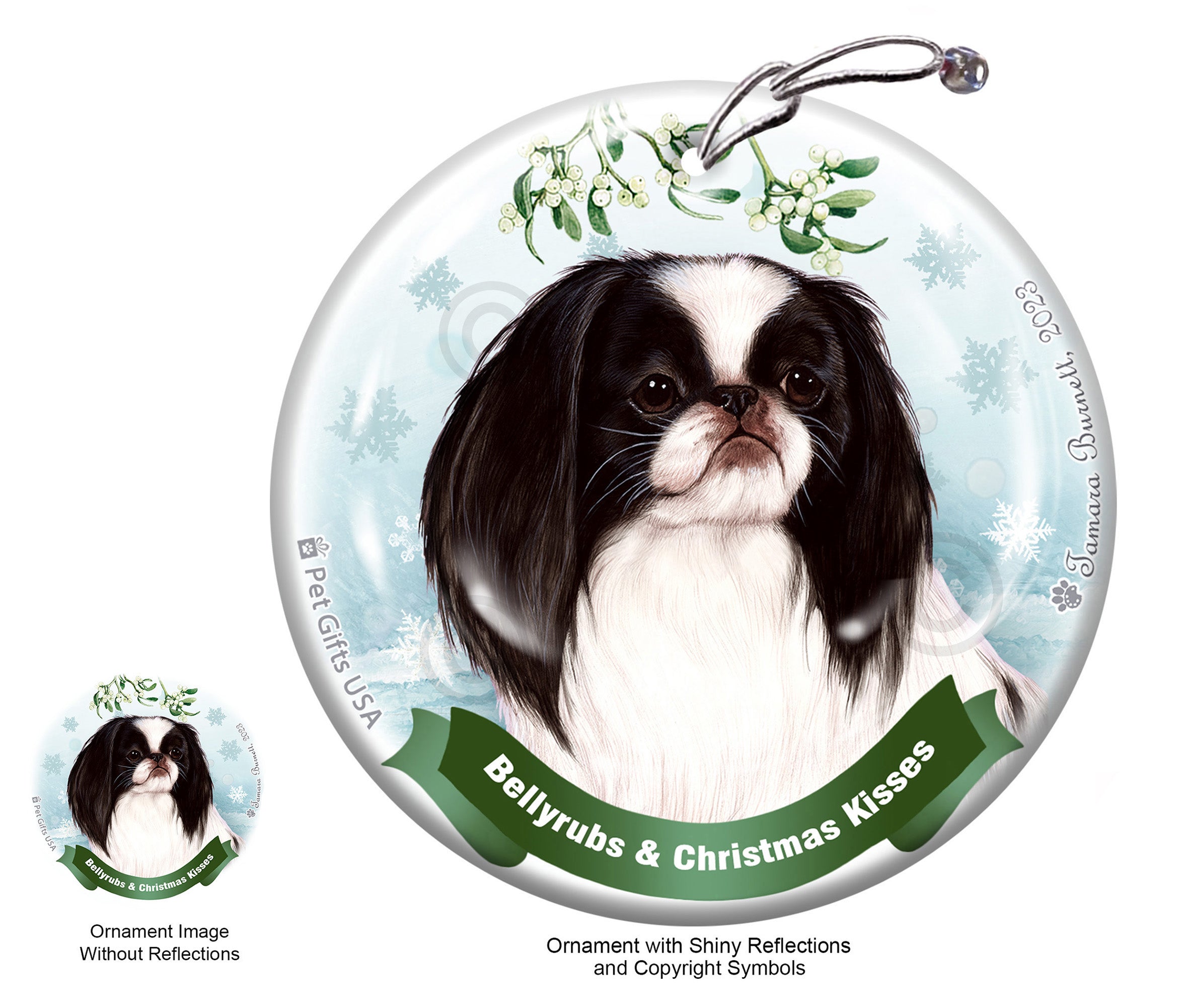 Japanese Chin Black and White Bellyrubs and Christmas Kisses Ornament