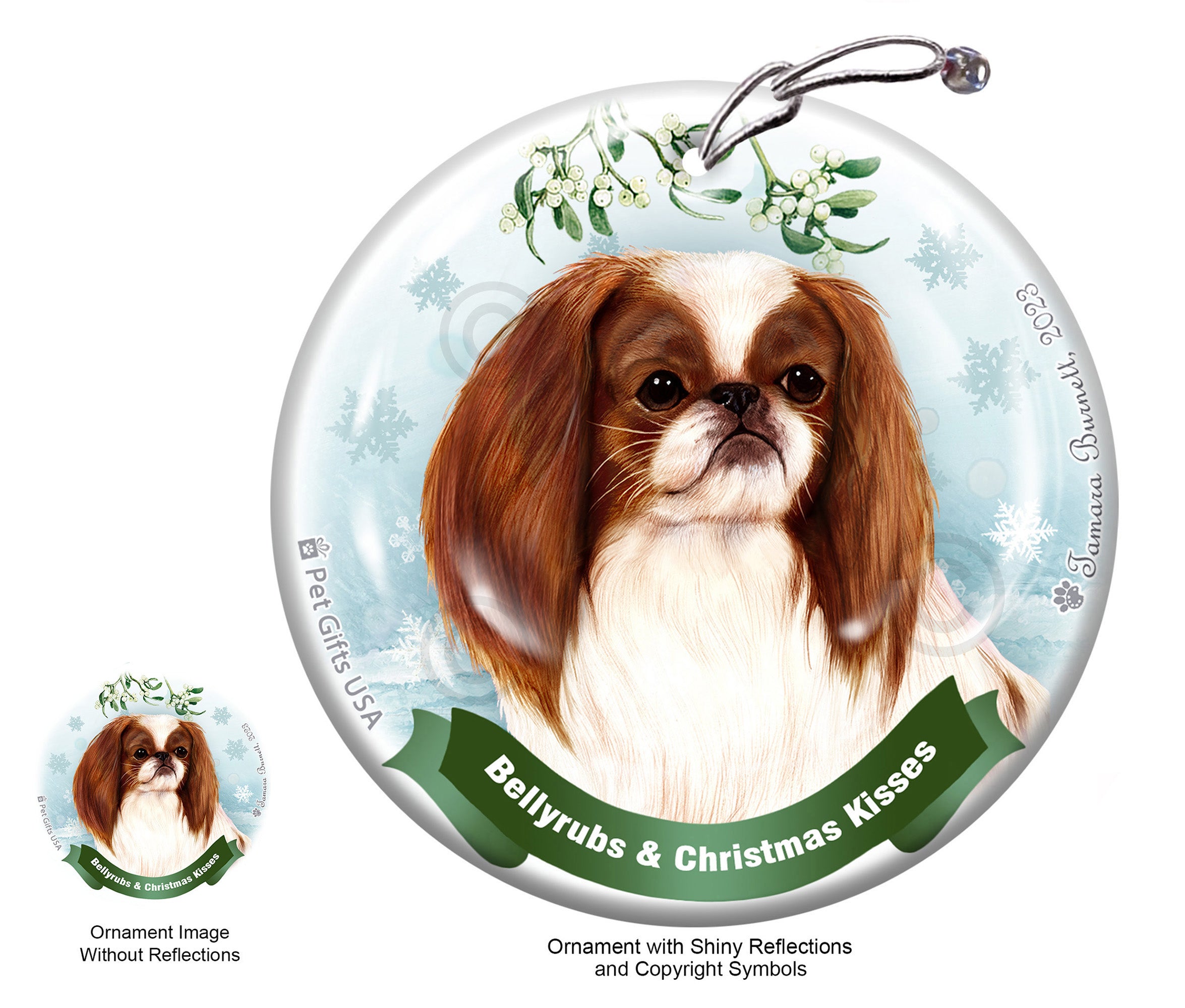 Japanese Chin Red and White Bellyrubs and Christmas Kisses Ornament