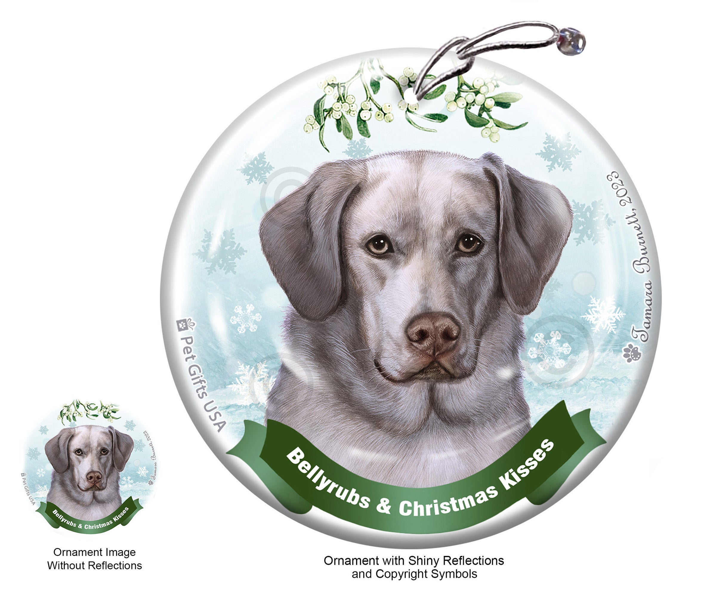 Labrador American Silver Front Face Bellyrubs and Christmas Kisses Ornament