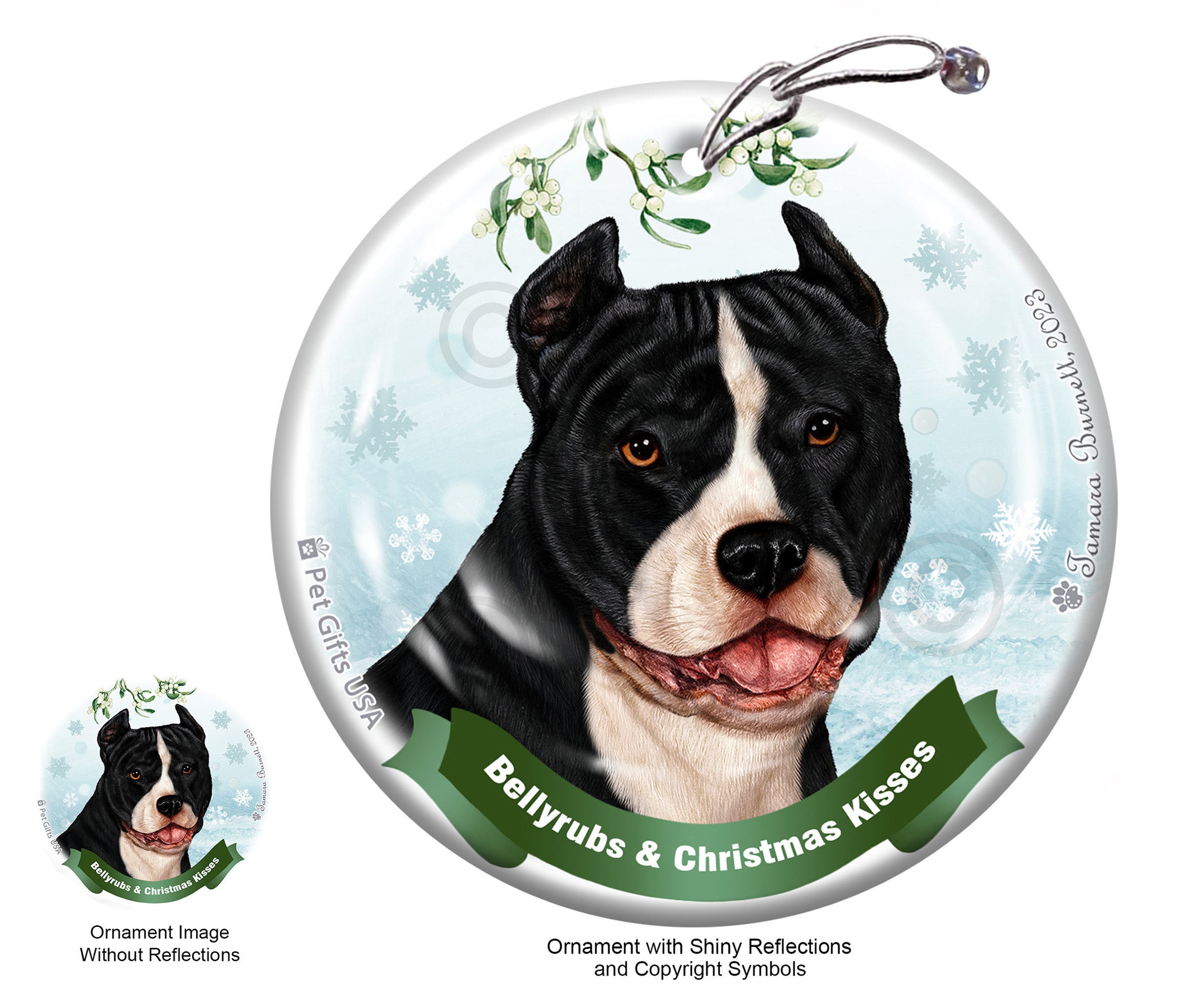Pit Bull Black and White Cropped Bellyrubs and Christmas Kisses Ornament