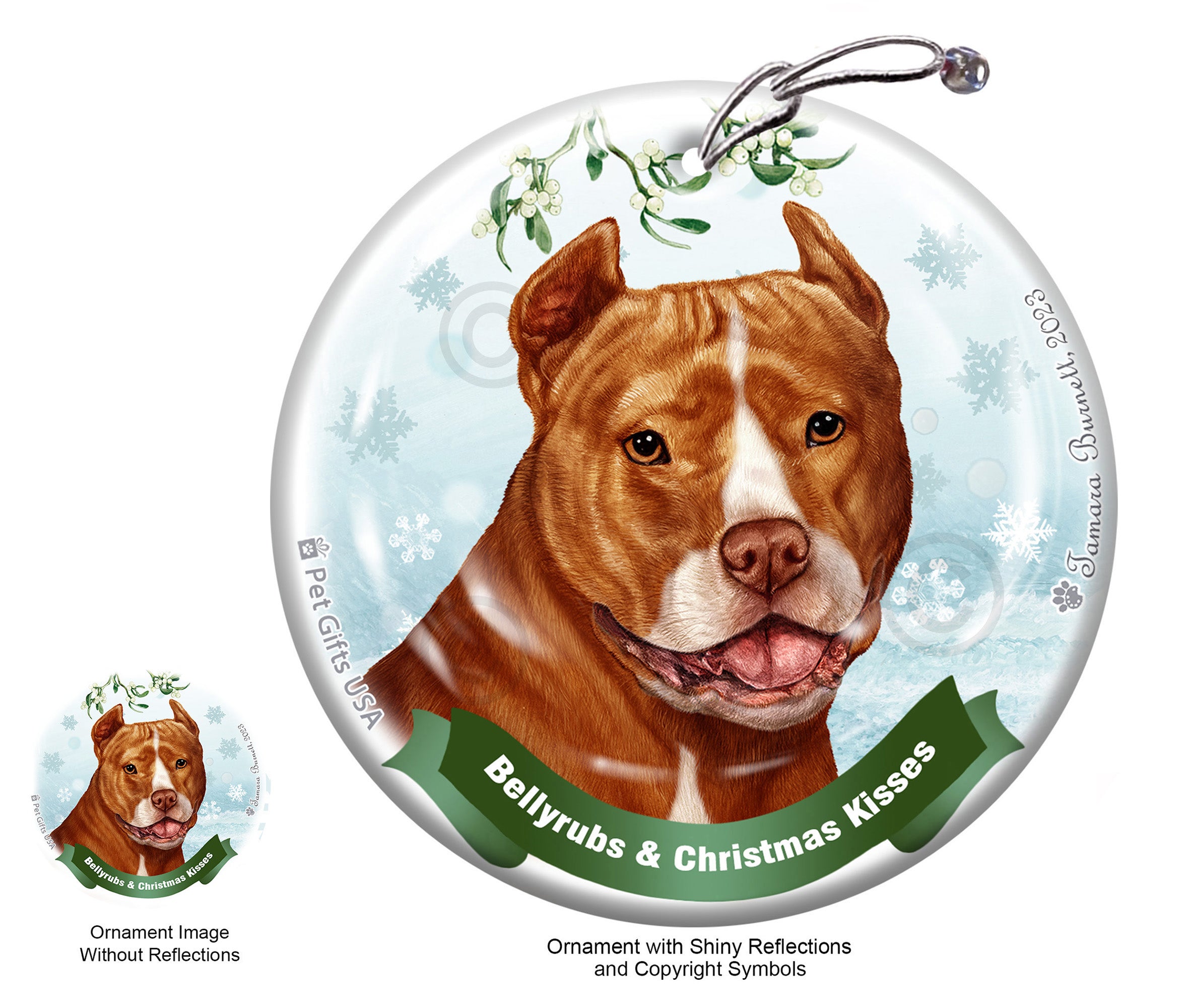Pit Bull Orange and White Cropped Bellyrubs and Christmas Kisses Ornament