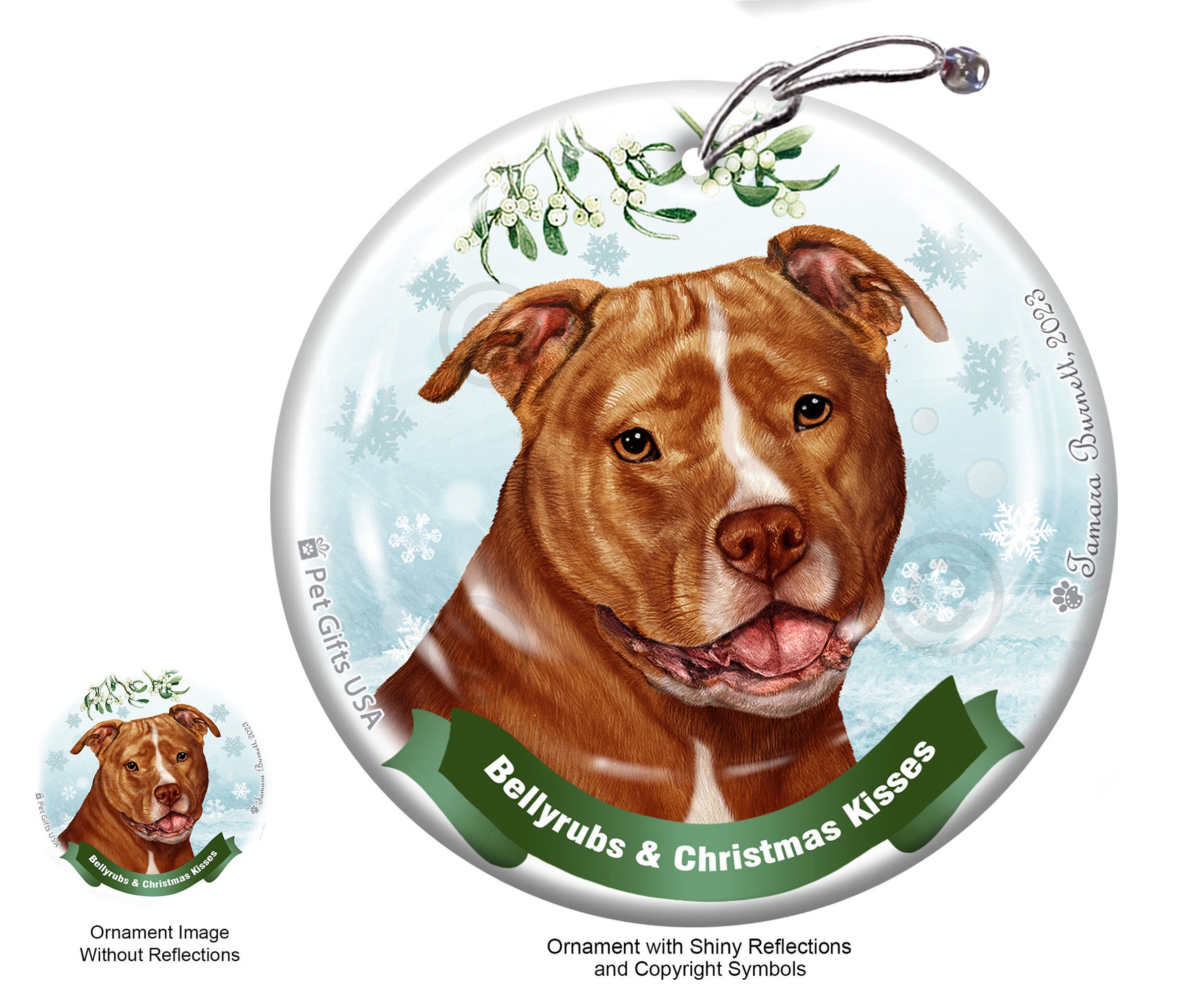Pit Bull Orange and White Uncropped Bellyrubs and Christmas Kisses Ornament