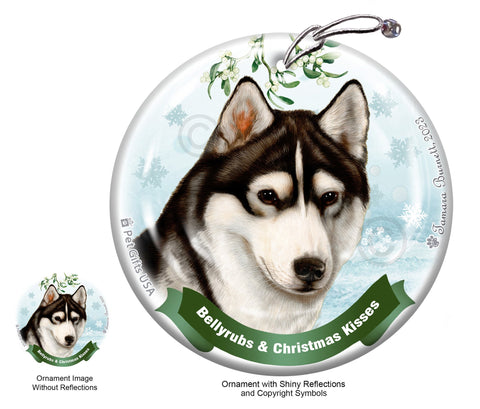 Siberian Husky Brown Eye Black and White Bellyrubs and Christmas Kisses Ornament