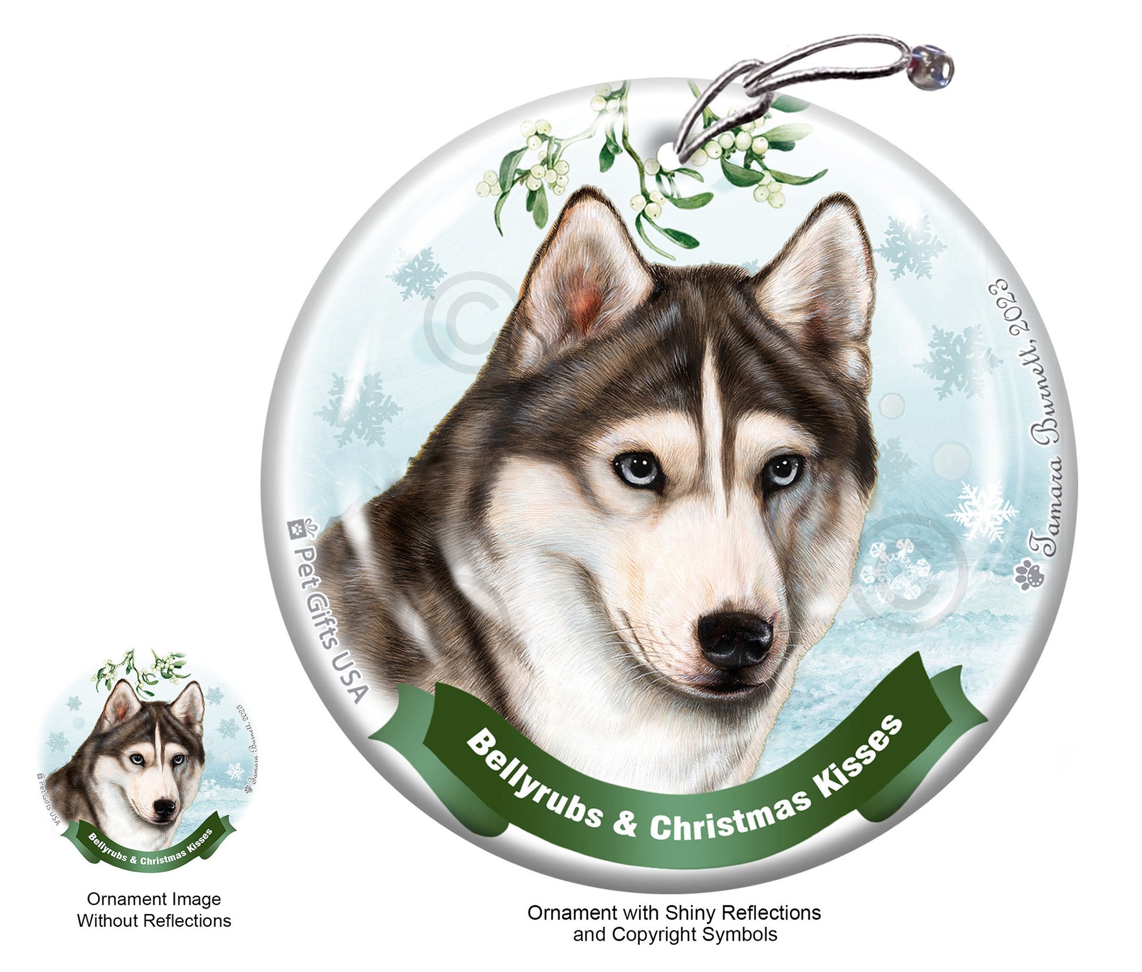 Siberian Husky Blue Eye Red and White Bellyrubs and Christmas Kisses Ornament