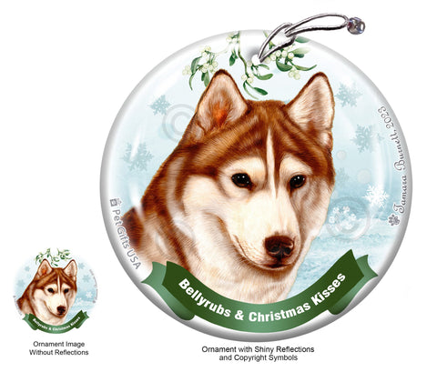 Siberian Husky Brown Eye Red and White Bellyrubs and Christmas Kisses Ornament