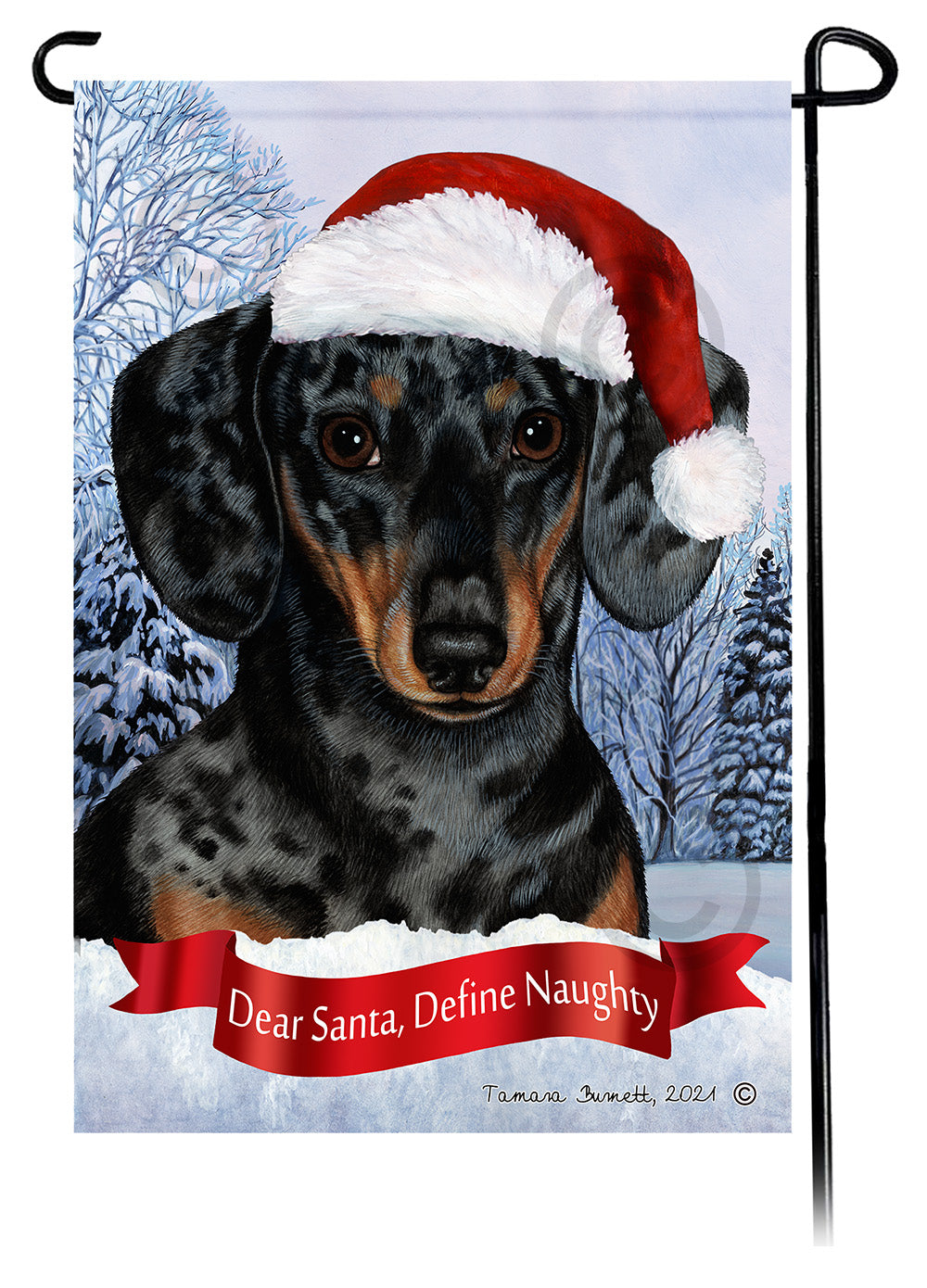 Dachshund SH Dapple Choc & Tan Dear Santa, Define Naughty - Garden Flag