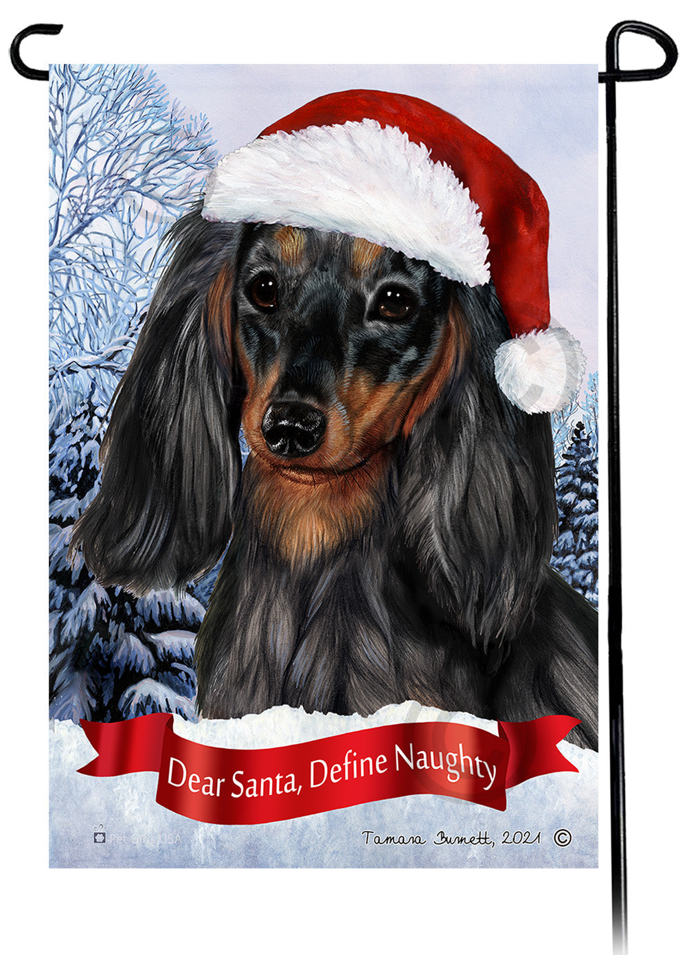 Dachshund LH Dark Black and Tan Dapple Dear Santa, Define Naughty - Garden Flag