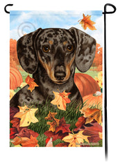 Dachshund SH Dapple Choc & Tan Falling Leaves - Garden Flag