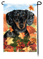 Dachshund Short Hair Dapple Dark Black and Tan Falling Leaves - Garden Flag