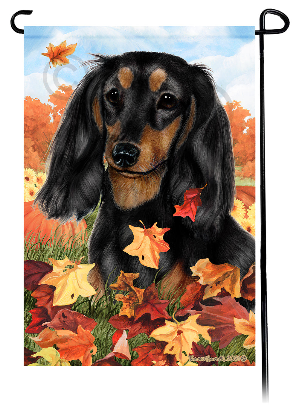 Dachshund LH Black and Tan Falling Leaves - Garden Flag