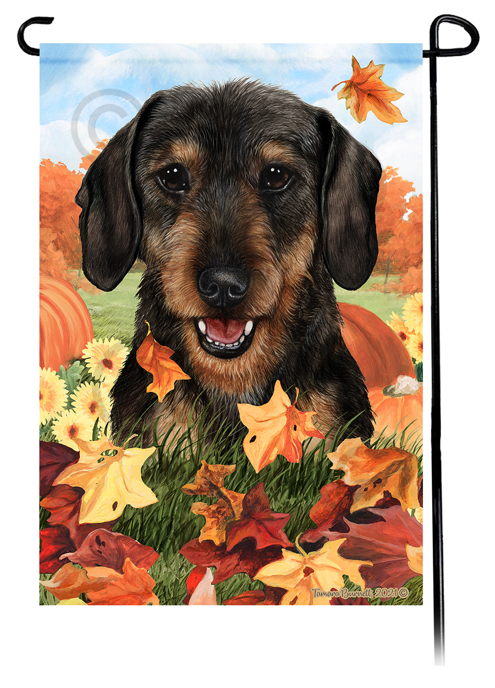Dachshund WH Black and Tan Falling Leaves - Garden Flag