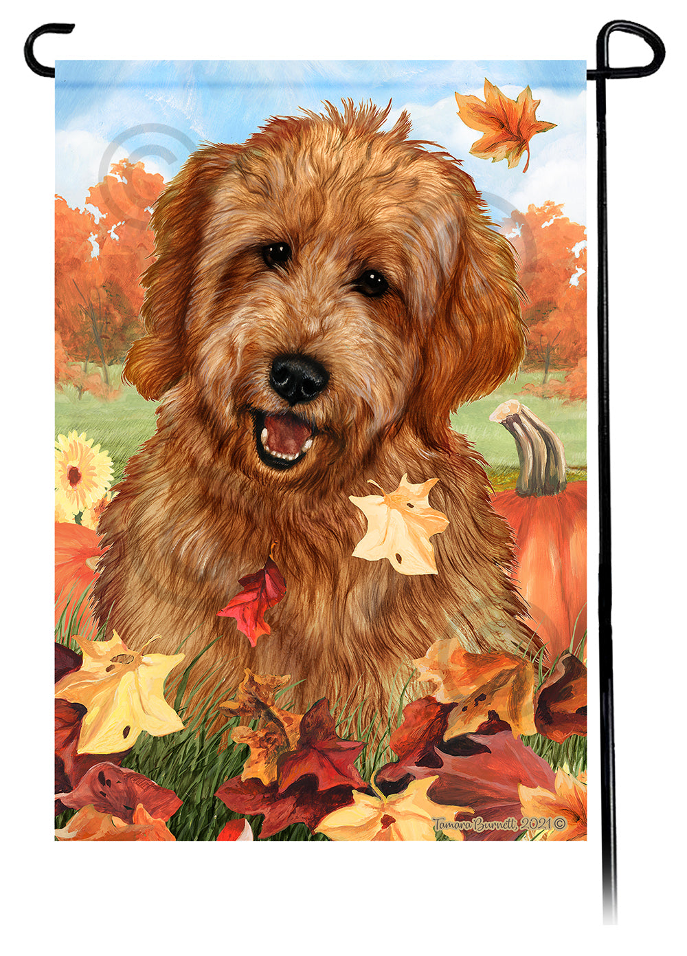 Goldendoodle Red Falling Leaves - Garden Flag