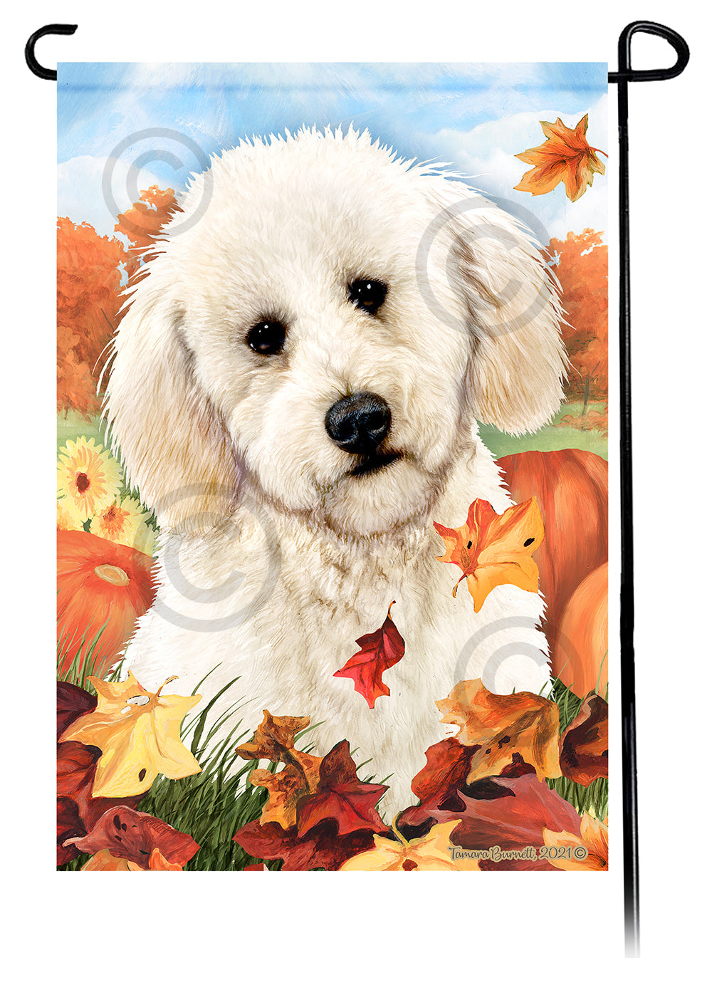 Labradoodle White Poodle Cut Falling Leaves - Garden Flag