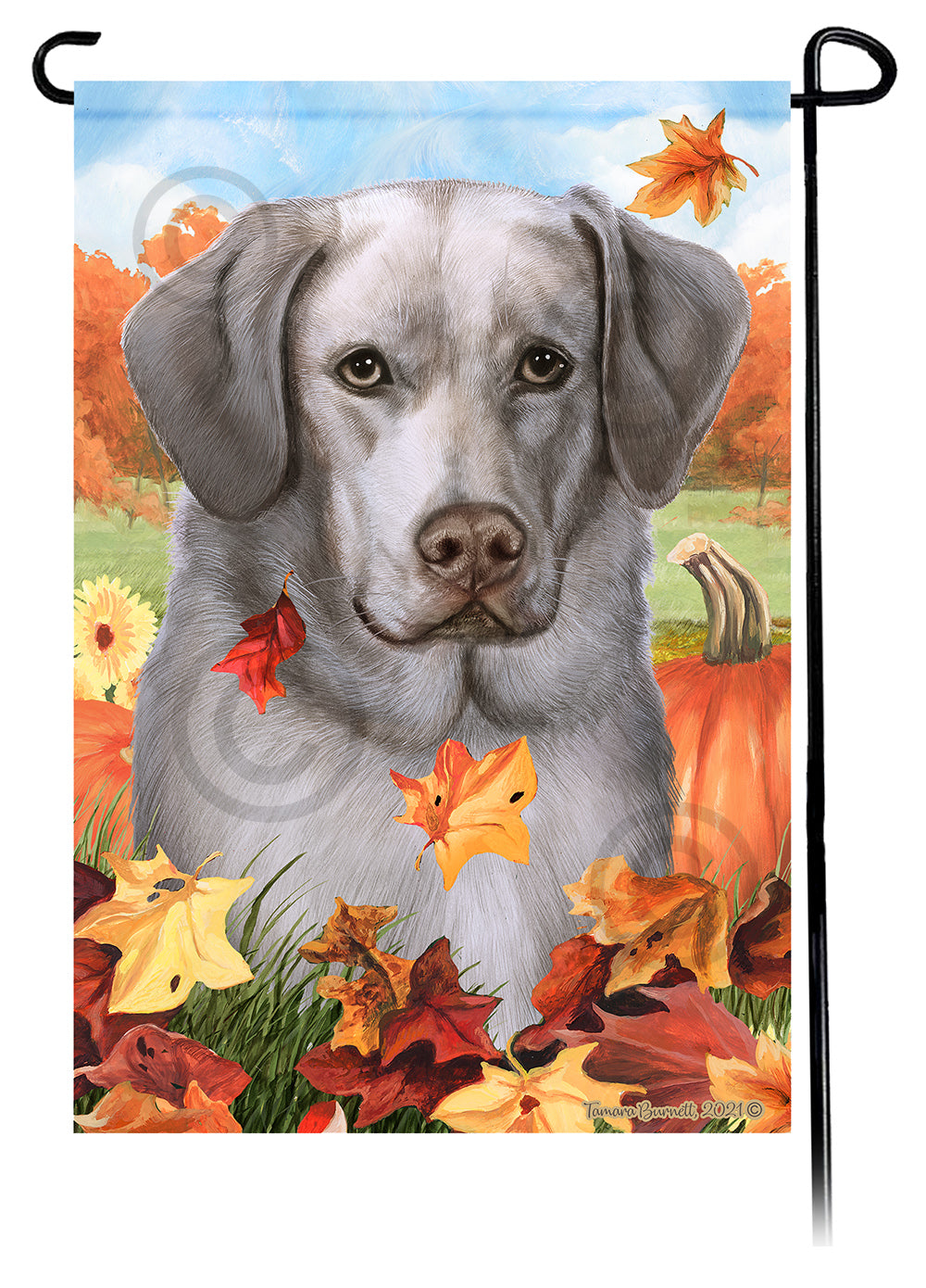 Labrador Silver Front Face Falling Leaves - Garden Flag