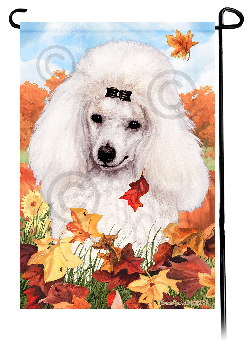 Poodle Mini White Falling Leaves - Garden Flag