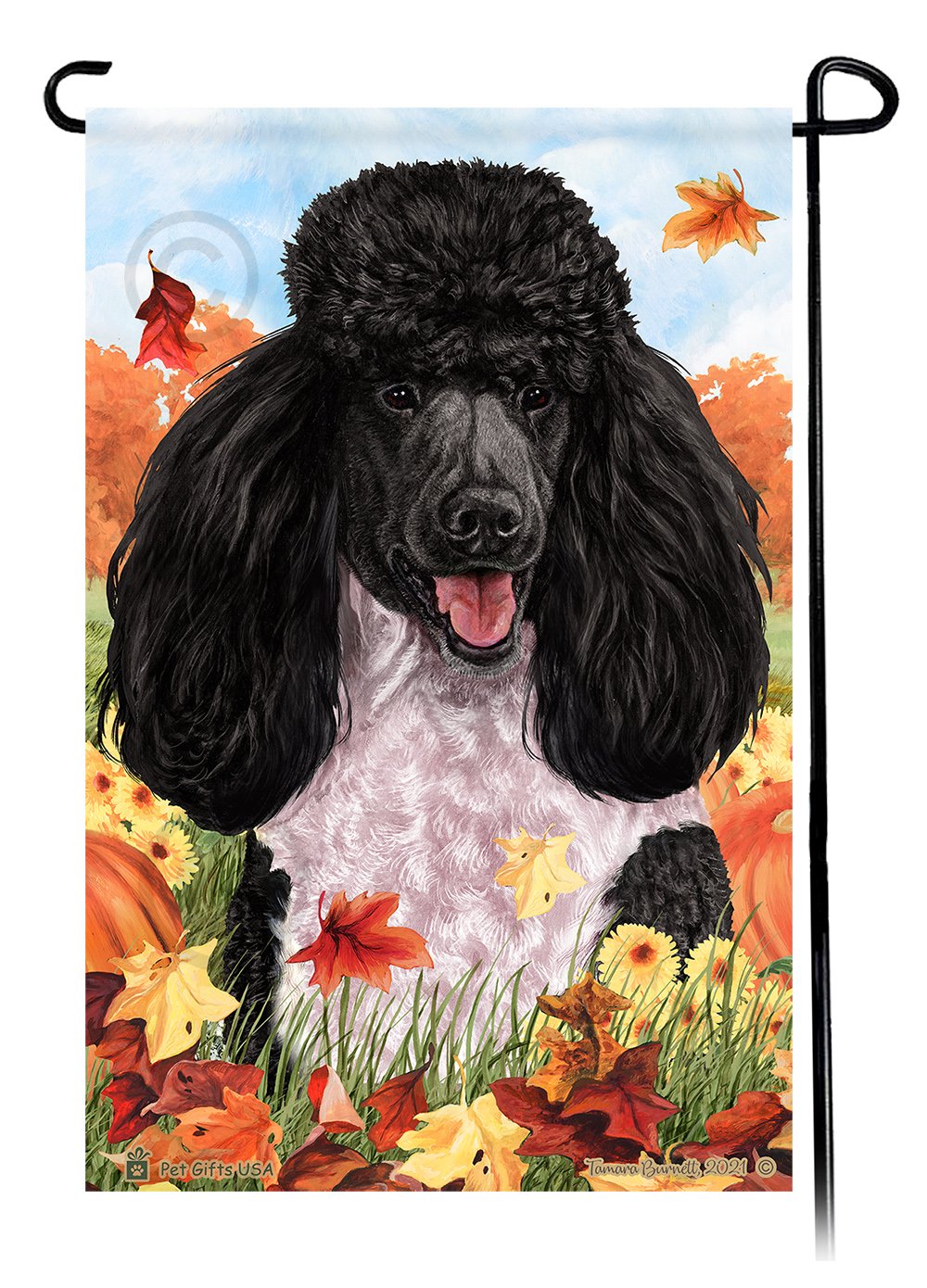 Poodle Standard Black and White Parti Falling Leaves - Garden Flag