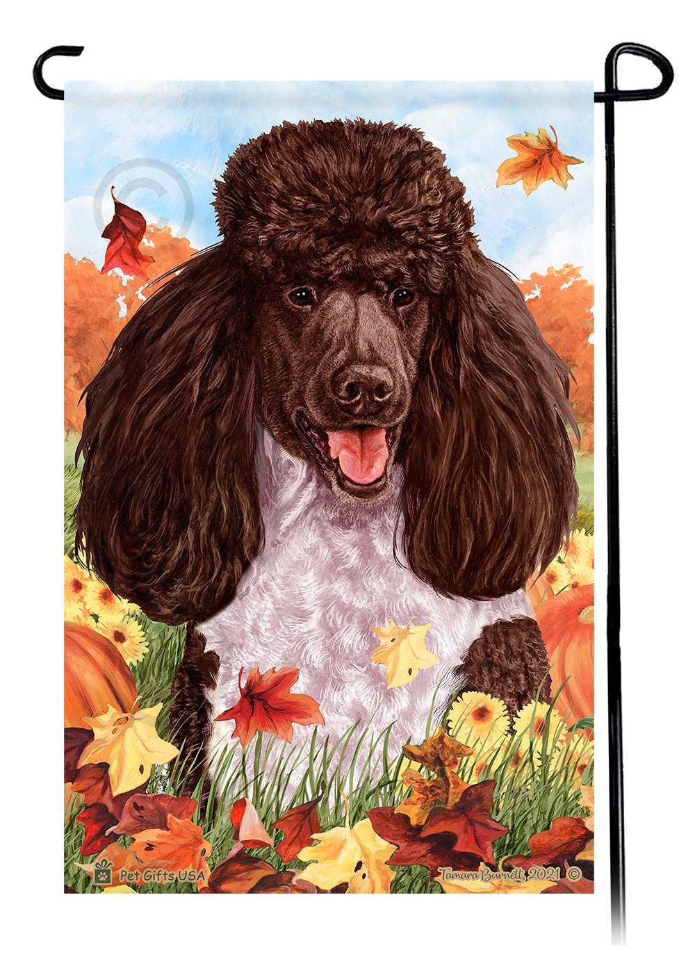 Poodle Standard Chocolate and White Parti Falling Leaves - Garden Flag