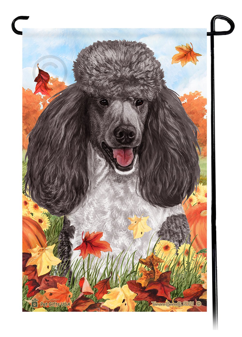 Poodle Standard Silver and White Parti Falling Leaves - Garden Flag