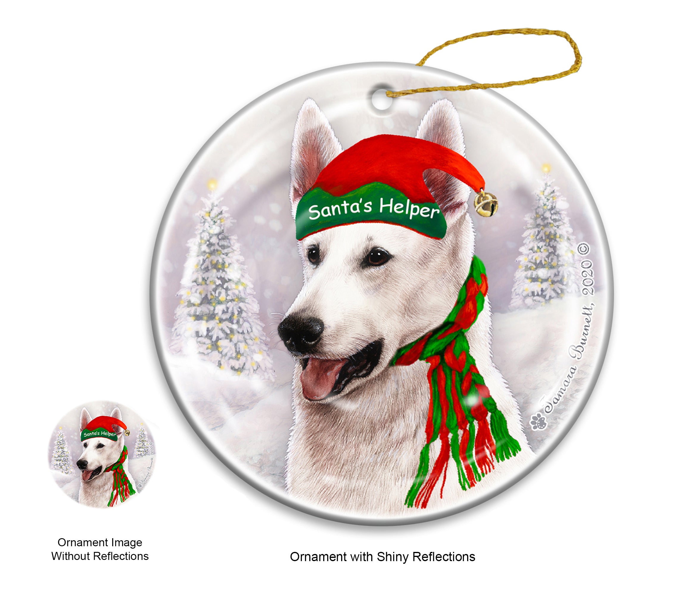 German Shepherd, White - Santa's Helper Ornament