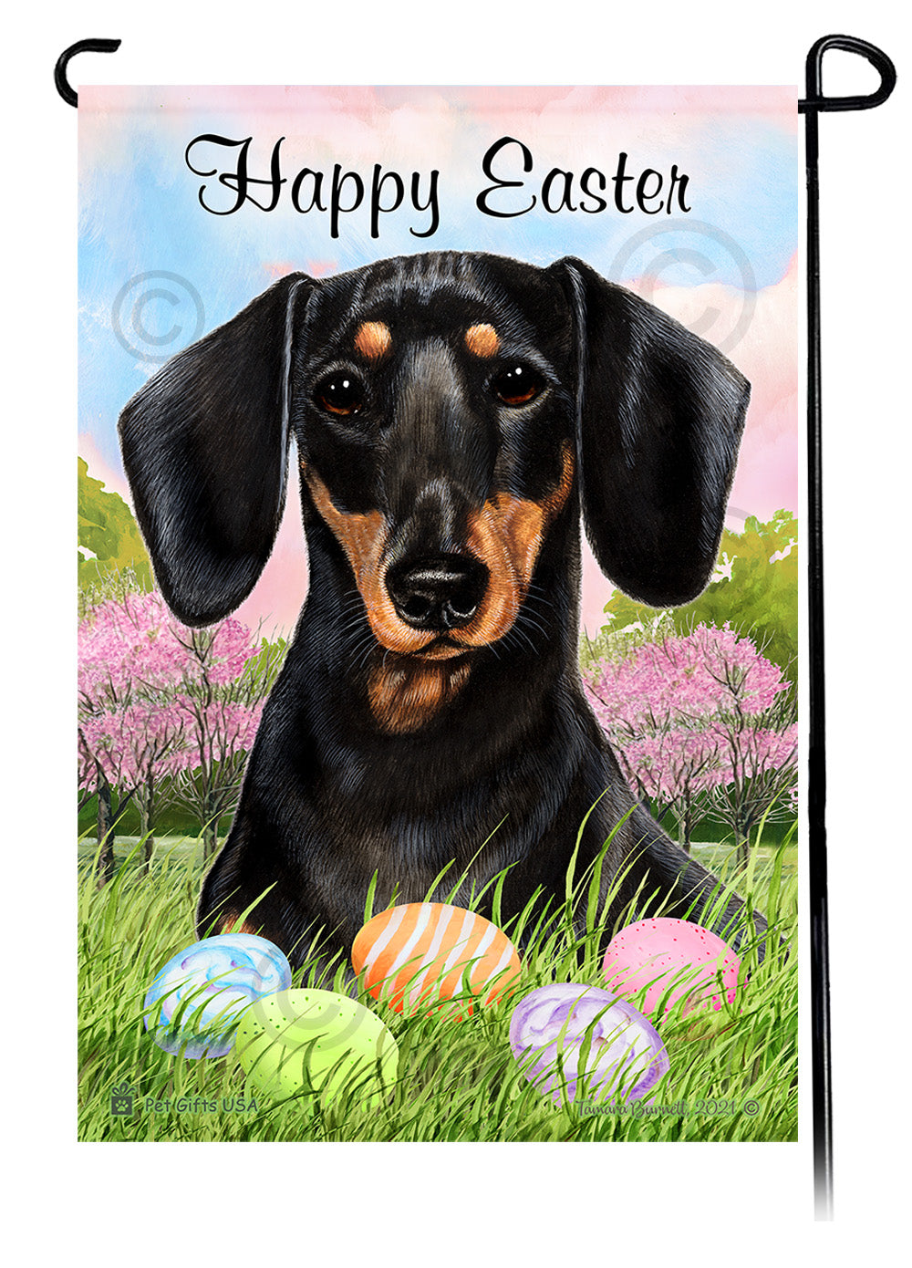 Dachshund Smooth Black and Tan 1 Happy Easter Garden Flag