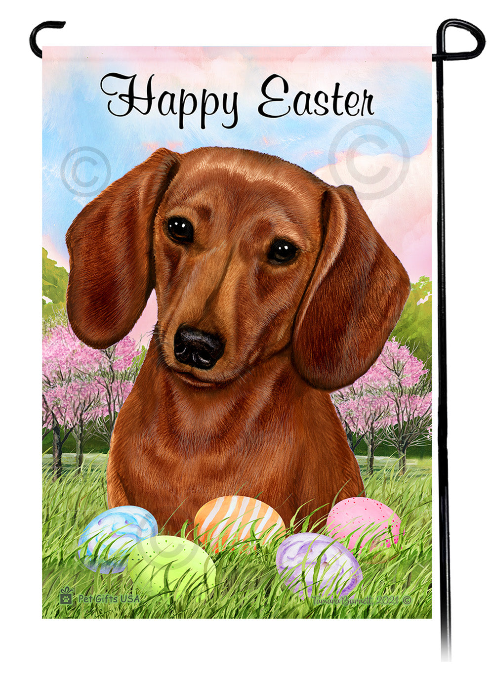 Dachshund Smooth Red Happy Easter Garden Flag