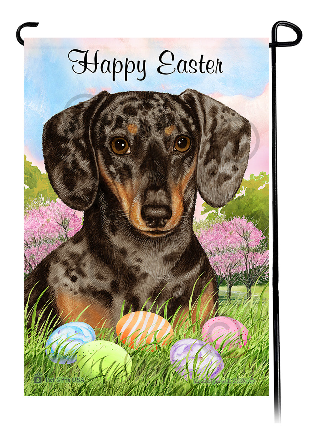 Dachshund Smooth Chocolate Dapple Happy Easter Garden Flag
