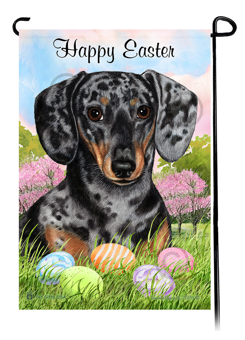 Dachshund Smooth Light Black and Tan Dapple Happy Easter Garden Flag