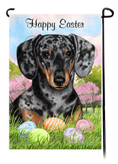 Dachshund Smooth Light Black and Tan Dapple Happy Easter Garden Flag