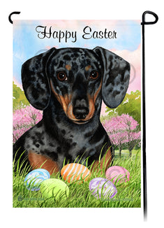 Dachshund Smooth Dark Black and Tan Dapple Happy Easter Garden Flag