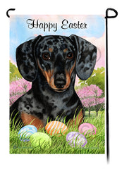 Dachshund Smooth Dark Black and Tan Dapple Happy Easter Garden Flag