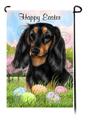 Dachshund Longhair Black and Tan Happy Easter Garden Flag