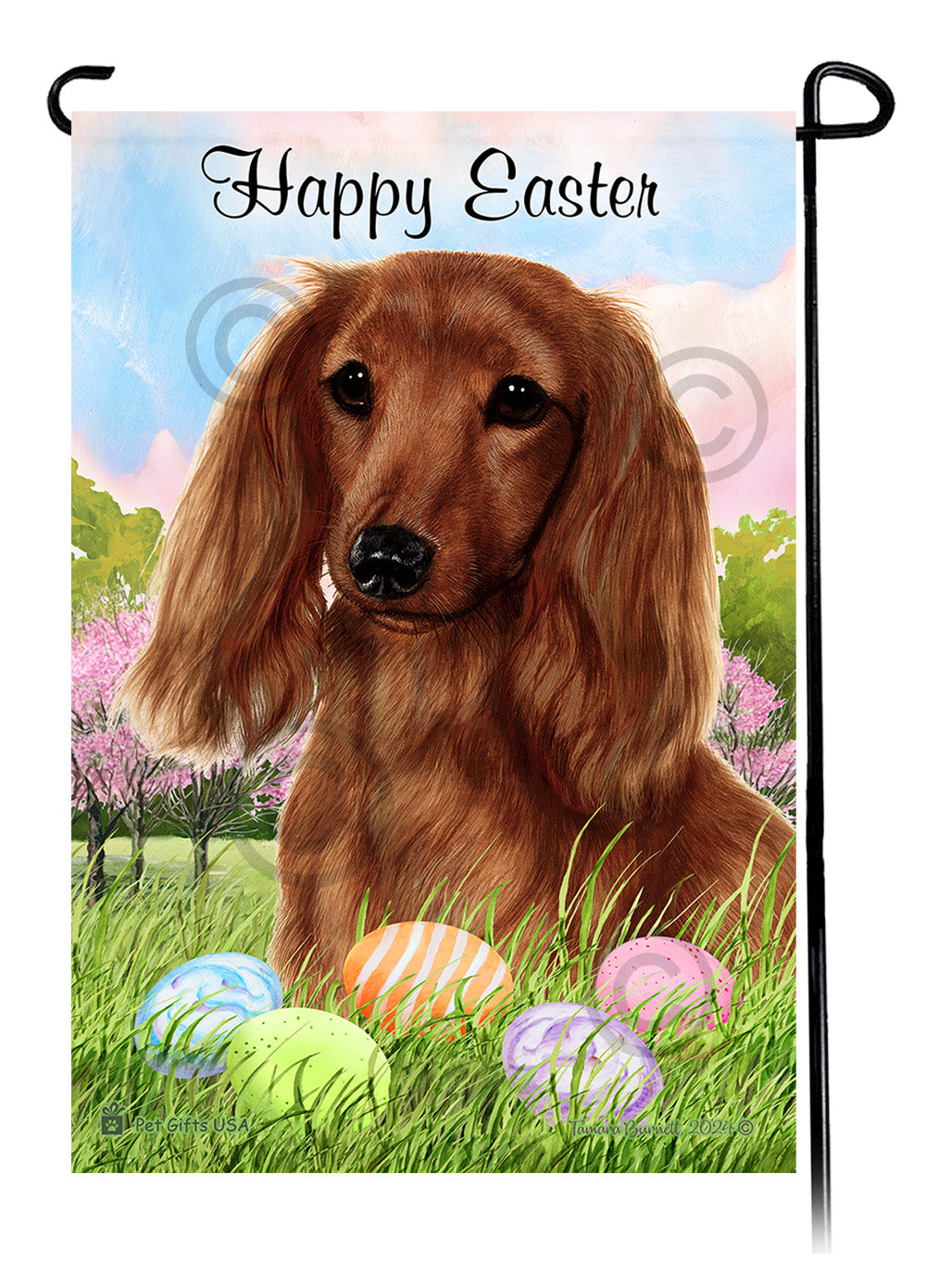 Dachshund Longhair Red Happy Easter Garden Flag