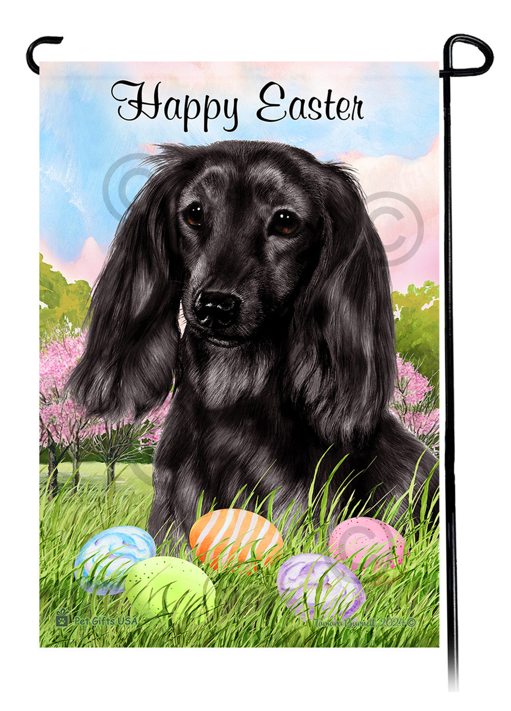 Dachshund Longhair Black Happy Easter Garden Flag