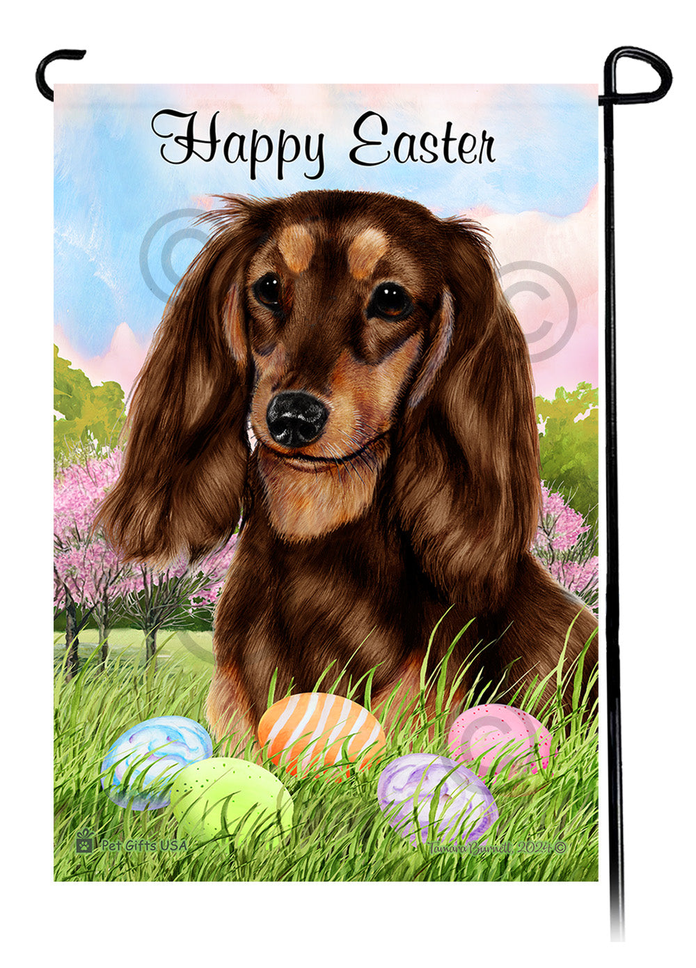 Dachshund Longhair Chocolate and Tan Happy Easter Garden Flag
