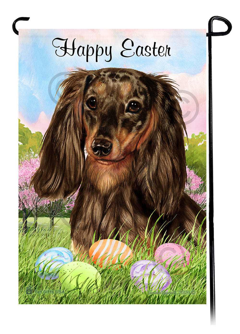 Dachshund Longhair Chocolate and Tan Dapple Happy Easter Garden Flag