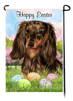 Dachshund Longhair Chocolate and Tan Dapple Happy Easter Garden Flag