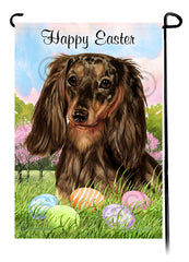 Dachshund Longhair Chocolate and Tan Dapple Happy Easter Garden Flag