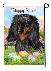 Dachshund Longhair Dark Black and Tan Dapple Happy Easter Garden Flag