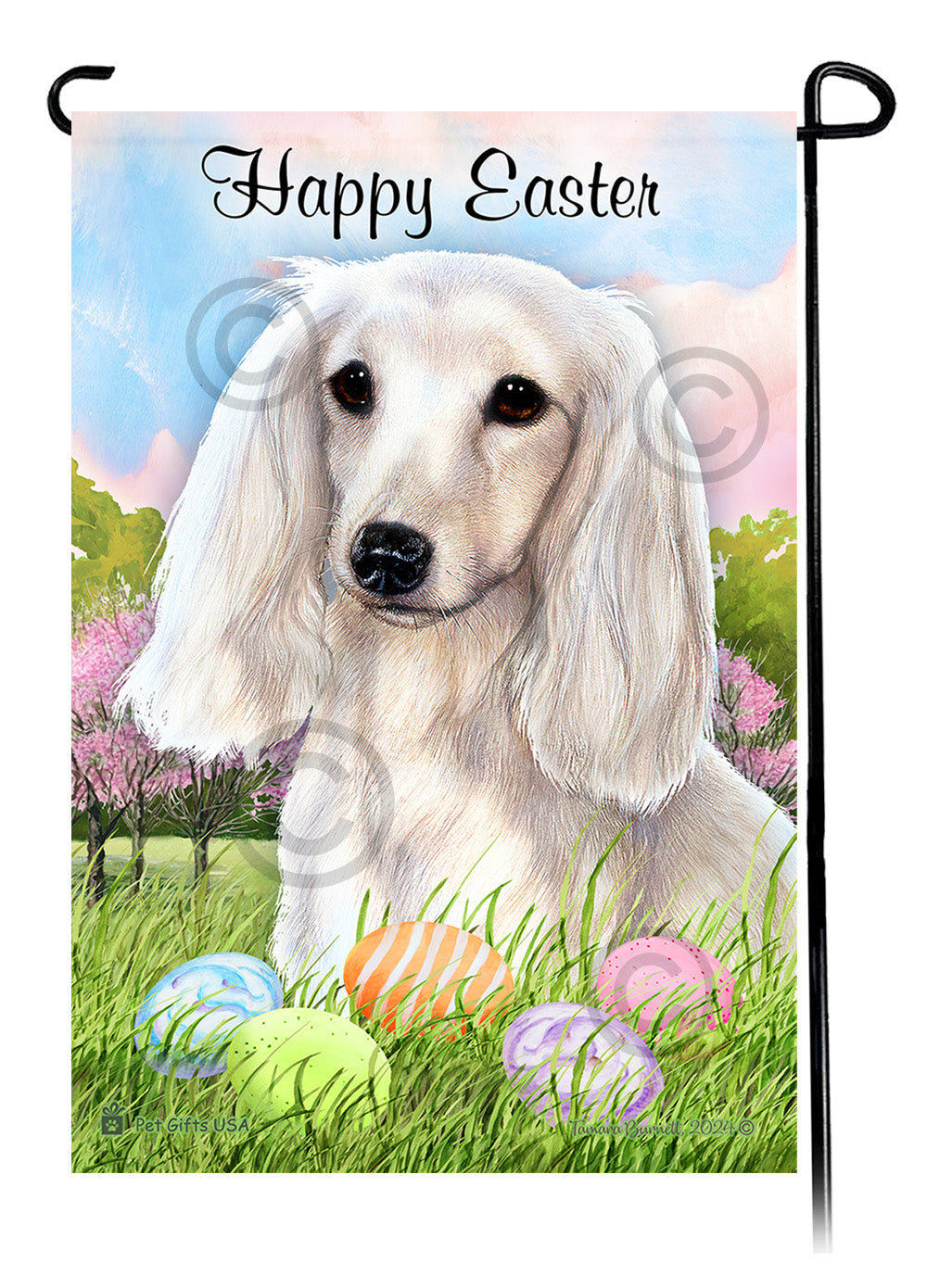 Dachshund Longhair White Happy Easter Garden Flag
